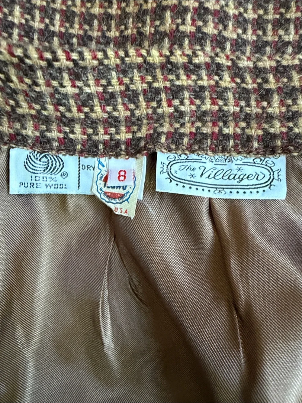 Vintage villager Brown Houndstooth A-Line Midi Skirt 100% wool